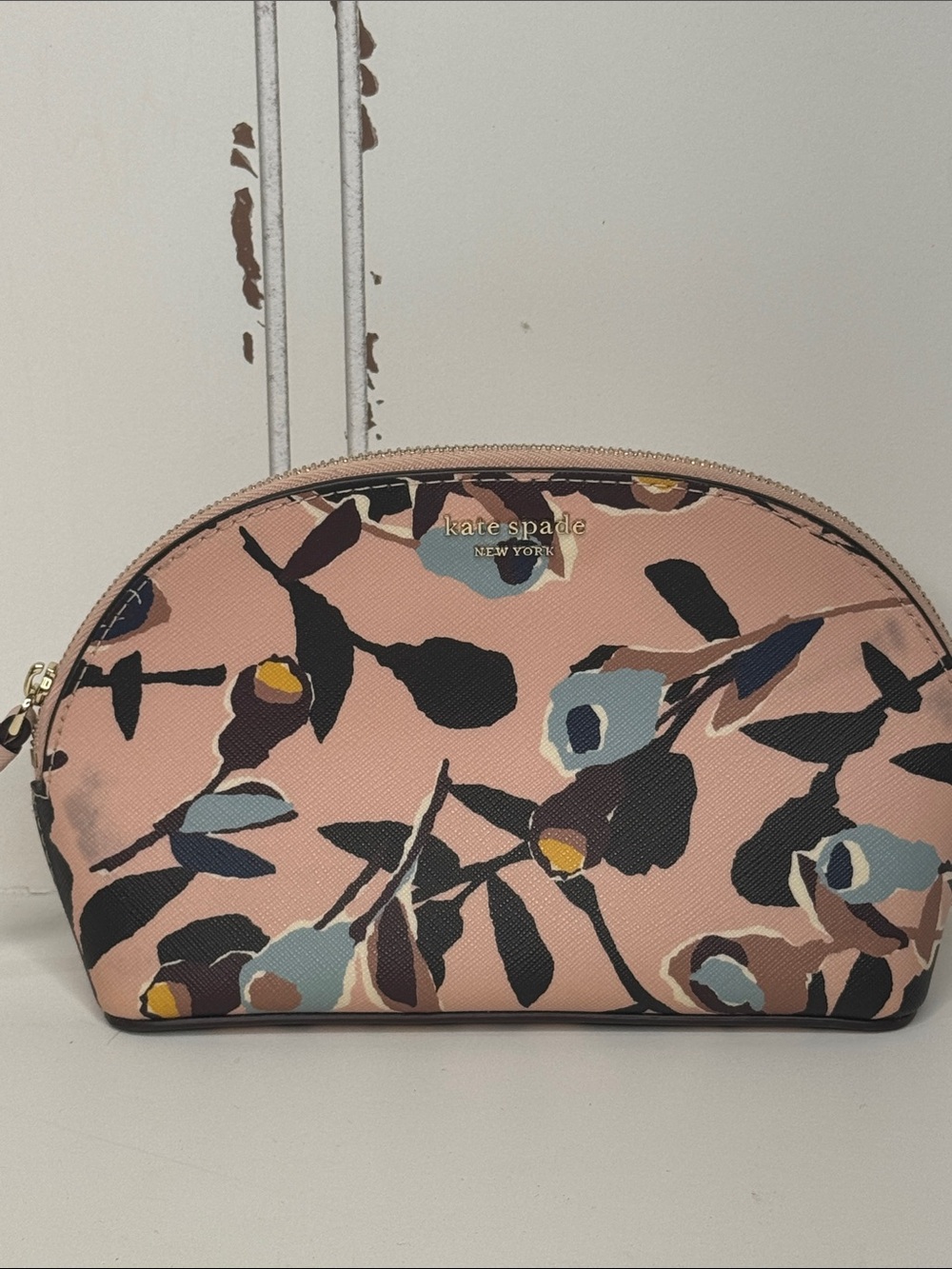 kate spade Pink Floral Zip Cosmetic Pouch with Blue and Black Accents